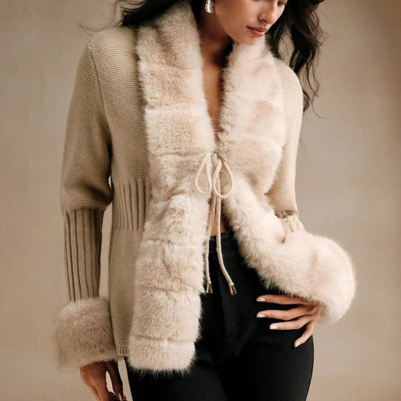 Khaki Casual Women's Elegant Faux Fur Knitted Cardigan Sweater - Picture 7 of 8